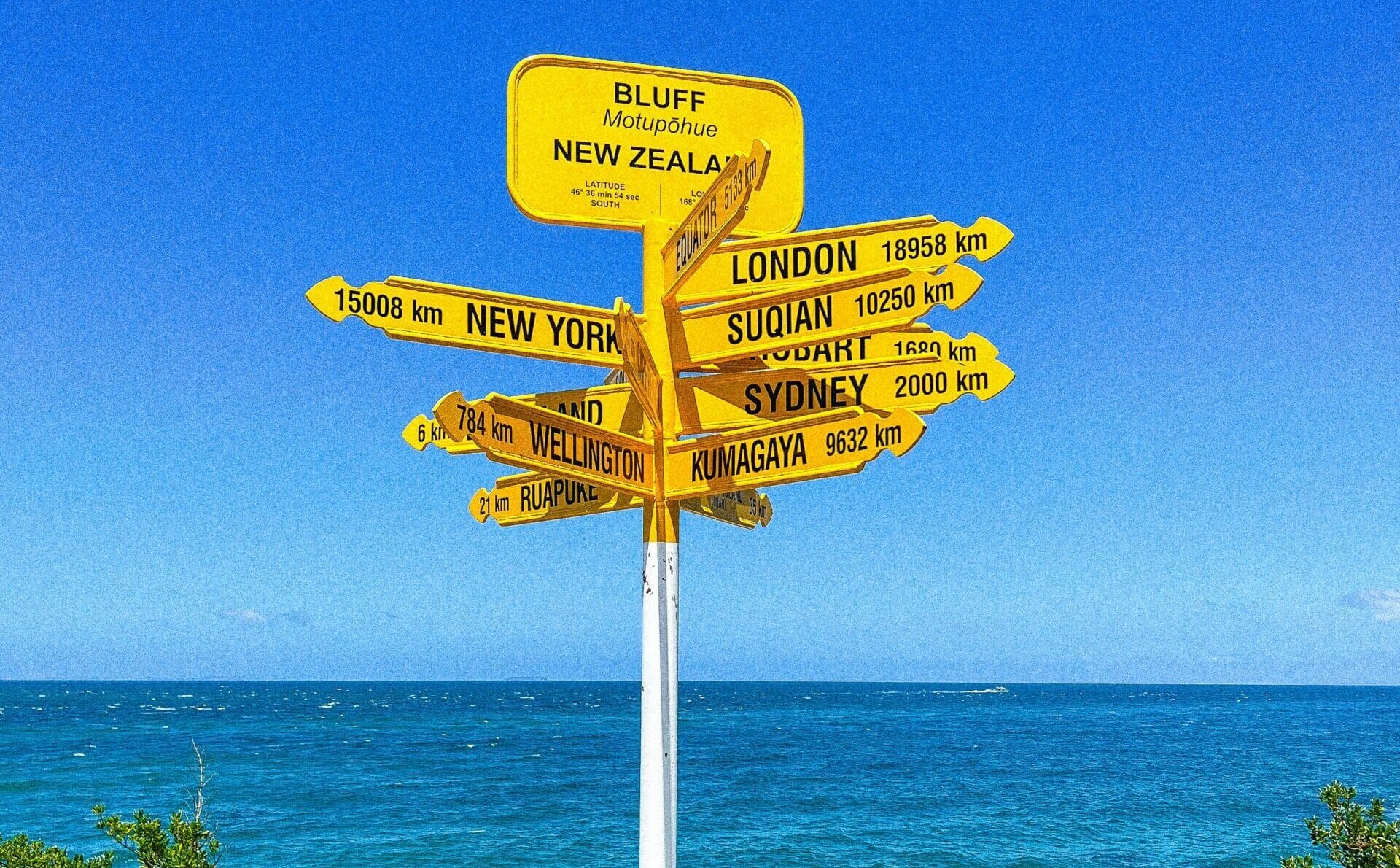 Colorful signpost at Bluff, New Zealand, showing global cities with ocean backdrop.